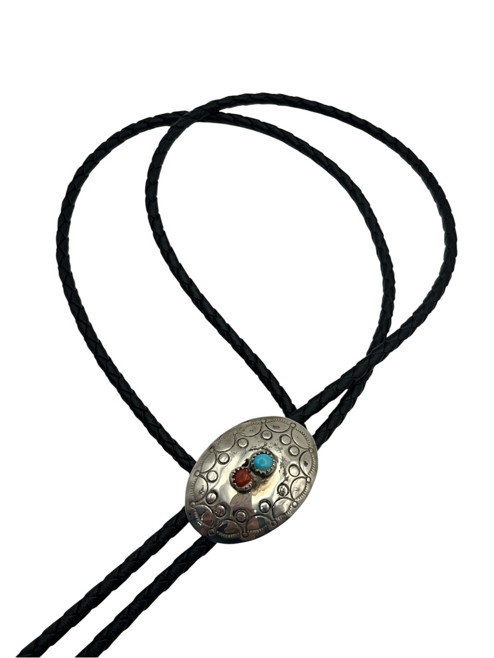Navajo Native American bolo tie sterling silver turquoise coral & leather